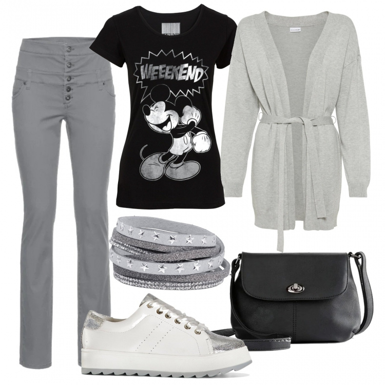 Outfit donna - Bonprix black week. Stile Basic per Tutti i giorni. Abbinamento con t-shirt, pantaloni skinny, sneakers, cardigans, borse a mano, braccialetti.