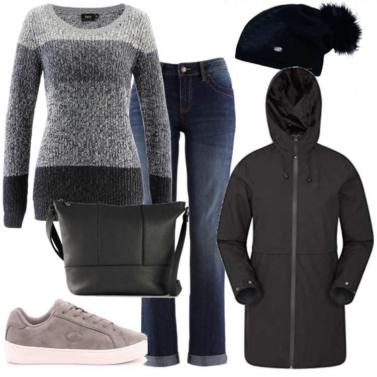 Outfit donna - In jeans. Stile Basic per Tutti i giorni. Abbinamento con maglieria, jeans dritti, borse a tracolla, sneakers, giacche, berretti.