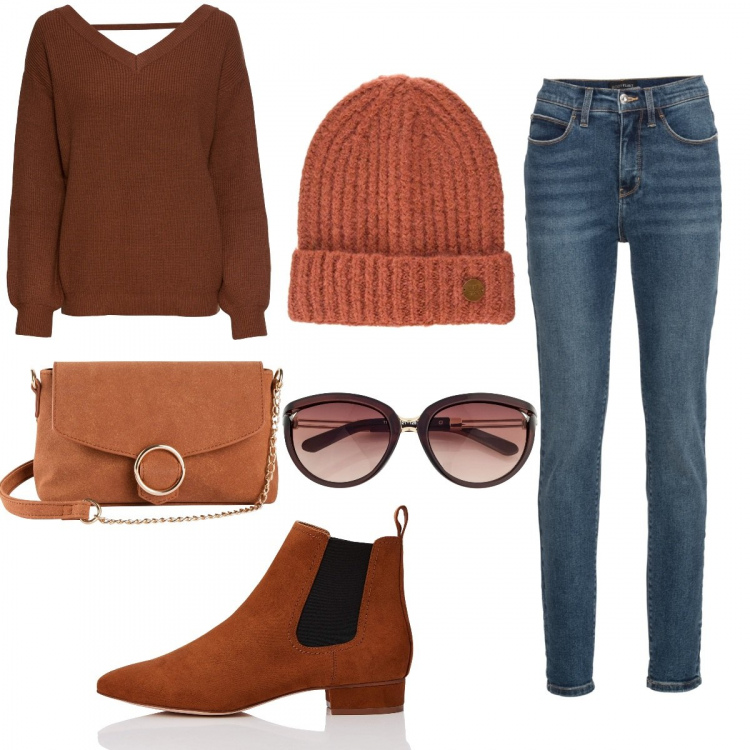 Outfit donna - Total look #821658. Abbinamento con jeans skinny, occhiali da sole, maglioni, maglieria, stivaletti chelsea, berretti.