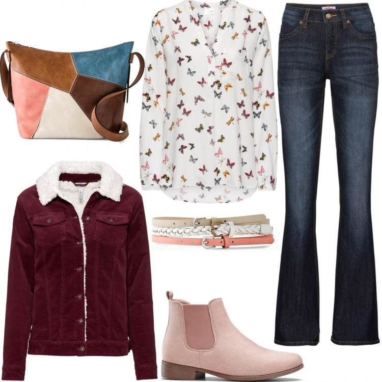 Outfit donna - Casual style. Stile Urban per Tutti i giorni. look ideale per Tall. Abbinamento con jeans bootcut, bluse, blazer, borse a tracolla, stivaletti chelsea, cinture.