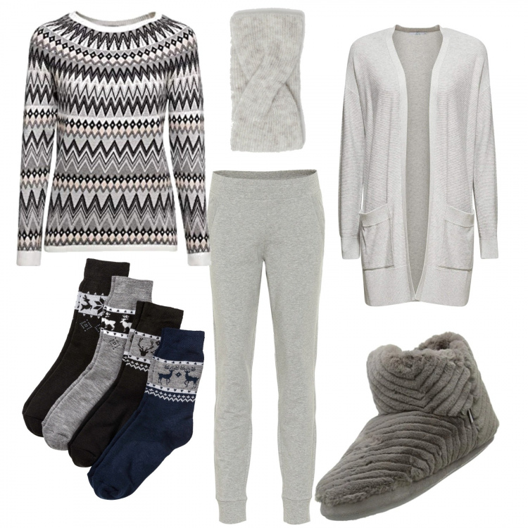 Outfit donna - Serata davanti alla TV. Stile Basic per Tutti i giorni. Abbinamento con calzini, pullovers, pantofole, cardigans, pantaloni, fasce per capelli.
