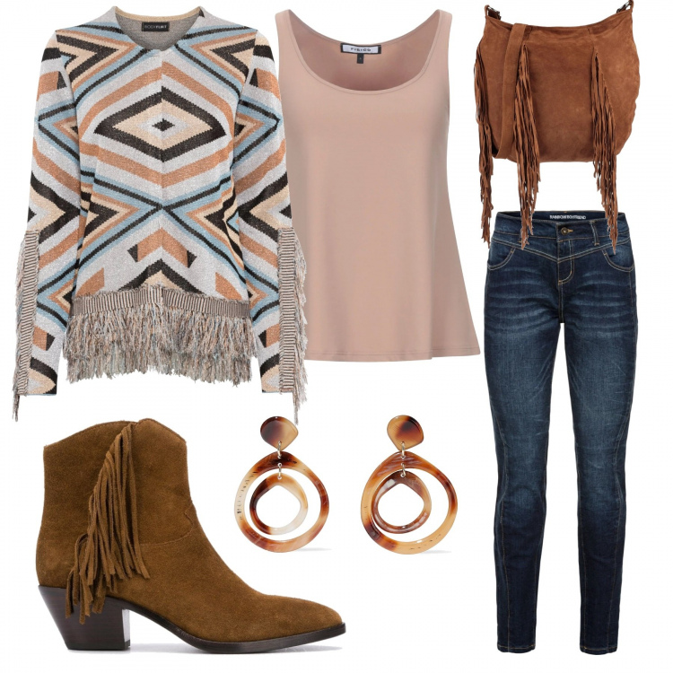 Outfit donna - Frange etniche. Stile Etnico per Tutti i giorni. Abbinamento con jeans boyfriend, cardigans, top, orecchini, borse a tracolla, stivaletti.
