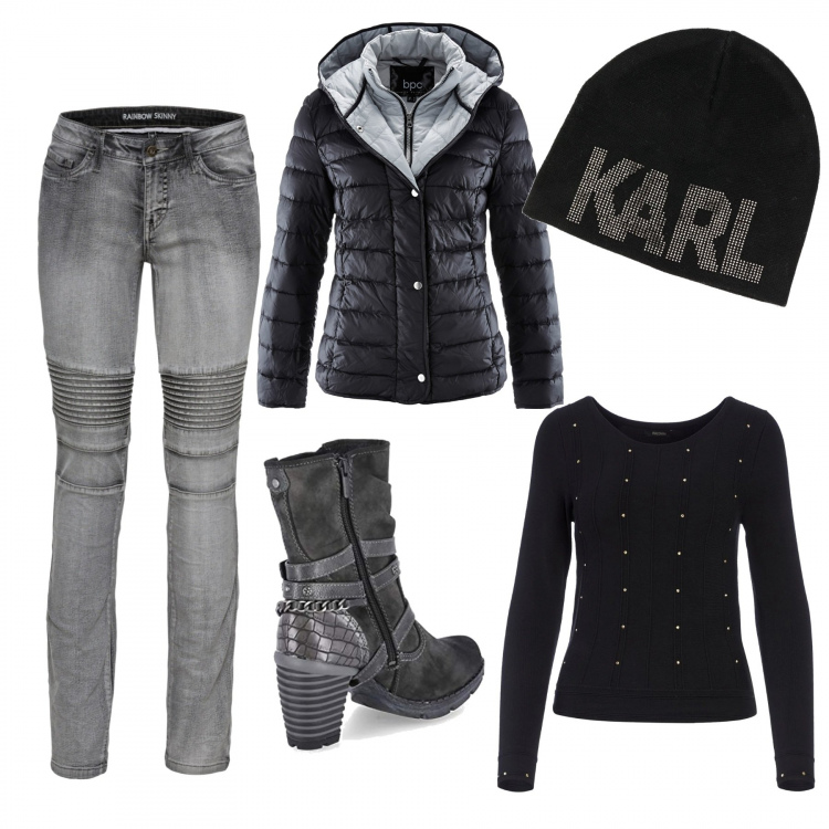Outfit donna - Casual in jeans. Stile Trendy per Tutti i giorni. Abbinamento con piumini, jeans skinny, maglieria, berretti, stivaletti.