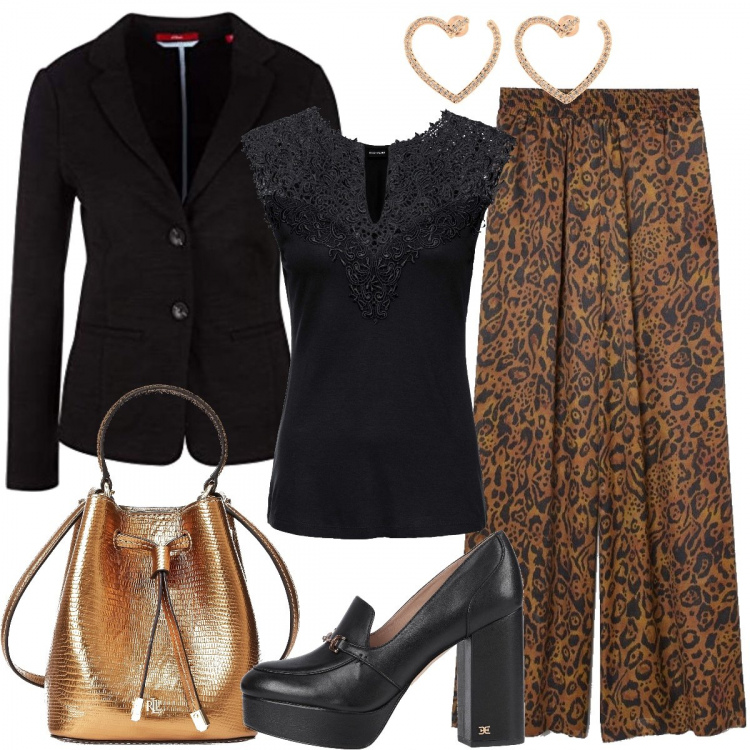 Outfit donna - Pizzo, maculato e oro..oggi glam!. Stile Chic per Ufficio. Abbinamento con top, mocassini, borse a tracolla, orecchini, pantaloni, blazer.