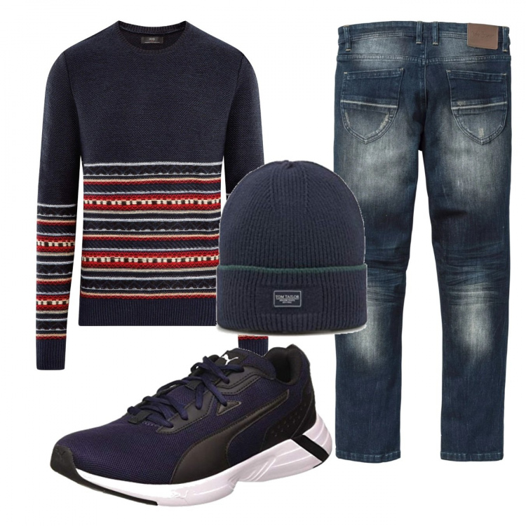 Outfit uomo - Casual #24923. Stile Casual per Tutti i giorni. Abbinamento con jeans slim fit, maglioni, berretti, scarpe stringate.