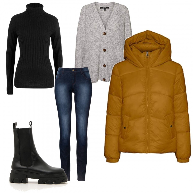 Outfit donna - Tutti giorni. Stile Basic per Tutti i giorni. Abbinamento con jeans skinny, maglioni, cardigans, blazer, stivaletti chelsea.