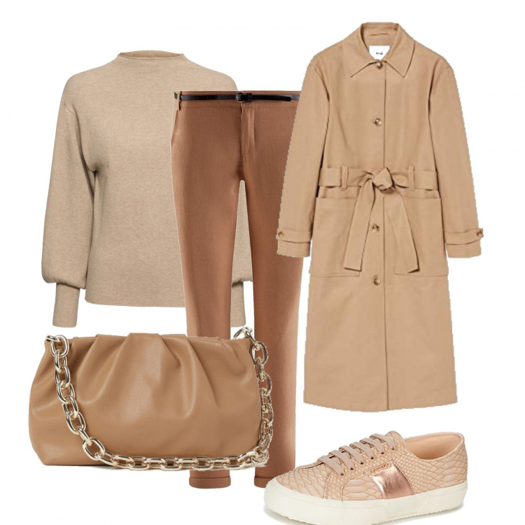 Outfit donna - Tutti i toni del beige. Stile Chic per Tutti i giorni. Abbinamento con maglieria, sneakers, pantaloni, trench, borse a tracolla.