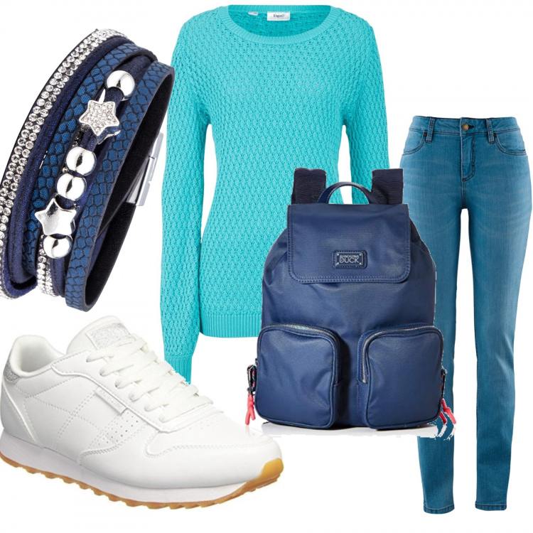 Outfit donna - In gita. Stile Basic per Tutti i giorni. Abbinamento con jeans skinny, maglioni, braccialetti, sneakers, zaini.