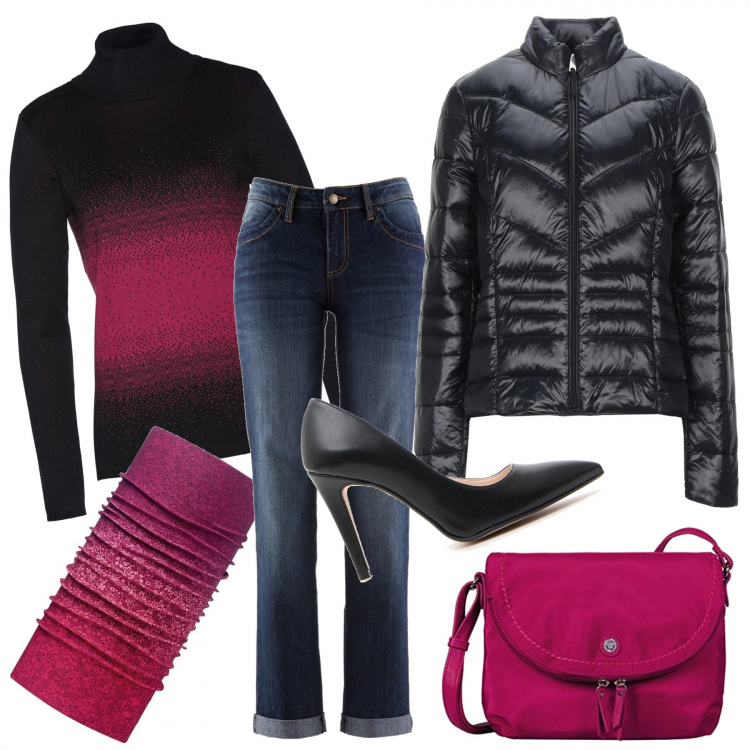 Outfit donna - Una stella fucsia. Stile Trendy per Tutti i giorni. Abbinamento con jeans dritti, maglieria, piumini, sciarpe, borse a tracolla, décolleté.