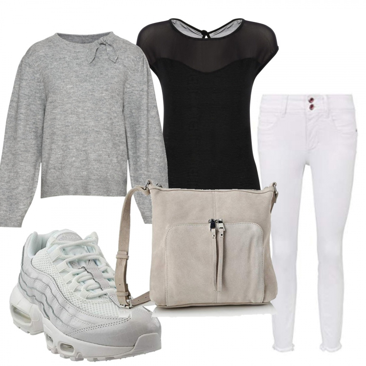 Outfit donna - Fisico. Stile Bon Ton per Tutti i giorni. Abbinamento con maglieria, body, scarpe sportive, pantaloni skinny, borse a tracolla.