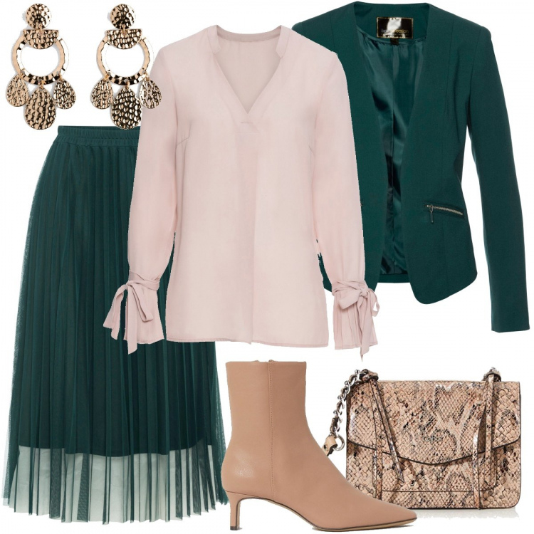 Outfit donna - Glam in verde e rosa. Stile Bon Ton per Ufficio. Abbinamento con blazer, gonne, bluse, pantaloni, borse a tracolla, stivaletti.