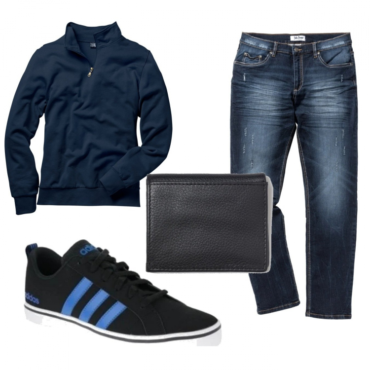 Outfit uomo - Casual #25055. Stile Casual per Tutti i giorni. Abbinamento con felpe, jeans slim fit, sneakers, portafogli.