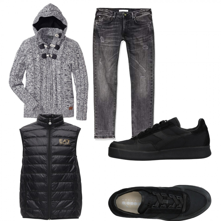 Outfit uomo - Grigio con cappuccio. Stile Urban per Tutti i giorni. Abbinamento con maglieria, sneakers, jeans dritti, piumini.