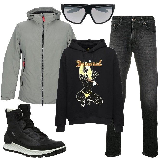 Outfit uomo - Urban #11460. Stile Urban per Tutti i giorni. Abbinamento con occhiali da sole, jeans, piumini, stivali, felpe con cappuccio.