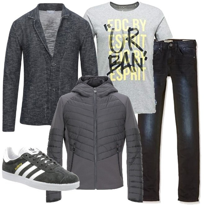 Outfit uomo - Casual #25093. Stile Casual per Tutti i giorni. Abbinamento con piumini, cardigans, sneakers, jeans, t-shirt.