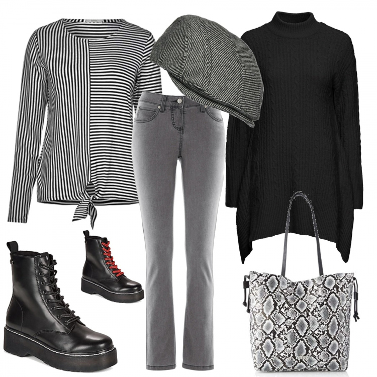 Outfit donna - Vestita a cipolla. Stile Trendy per Tutti i giorni. Abbinamento con jeans slim fit, maglioni, stivaletti, borse a spalla, pullovers, cappelli con visiera.