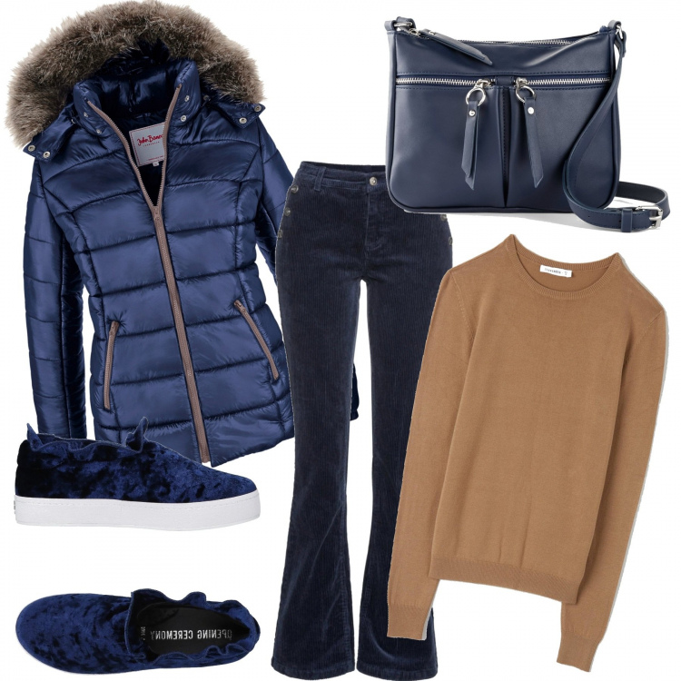 Outfit donna - Casual a dicembre. Stile Trendy per Tutti i giorni. Abbinamento con piumini, pantaloni, reggiseni, sneakers, maglieria.
