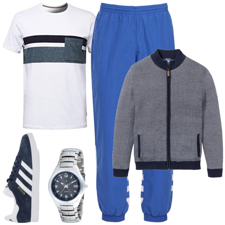 Outfit uomo - Sfida a videogiochi col vicino. Stile Casual per Tutti i giorni. Abbinamento con cardigans, t-shirt, pantaloni, sneakers, orologi.