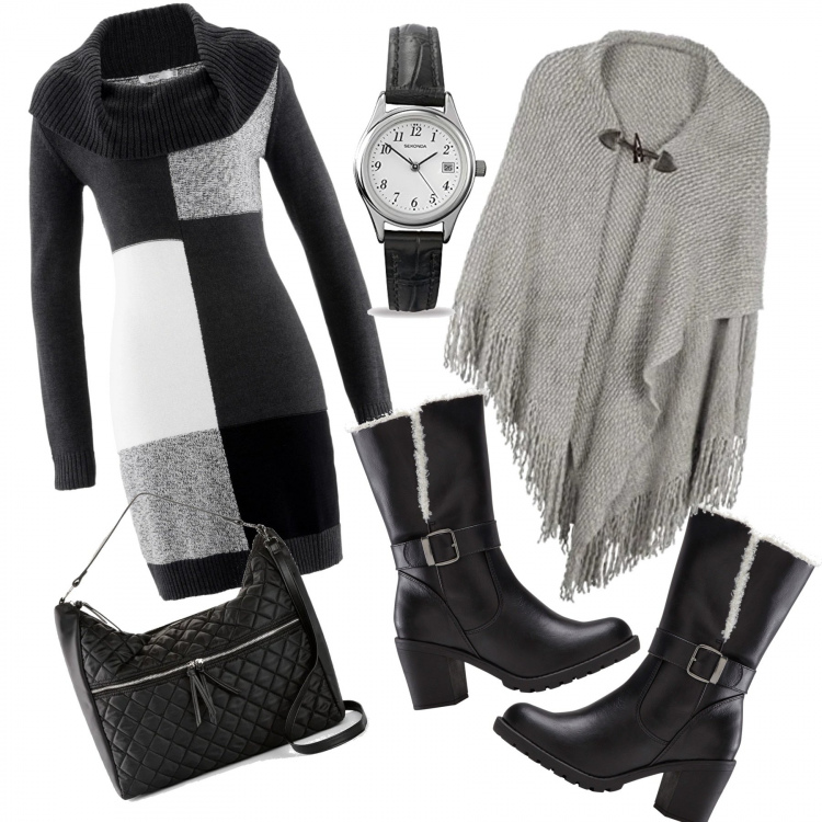 Outfit donna - Il vestito in maglia!. Stile Trendy per Tutti i giorni. Abbinamento con vestiti midi/longuette, stivali, borse a mano, cappotti, orologi.