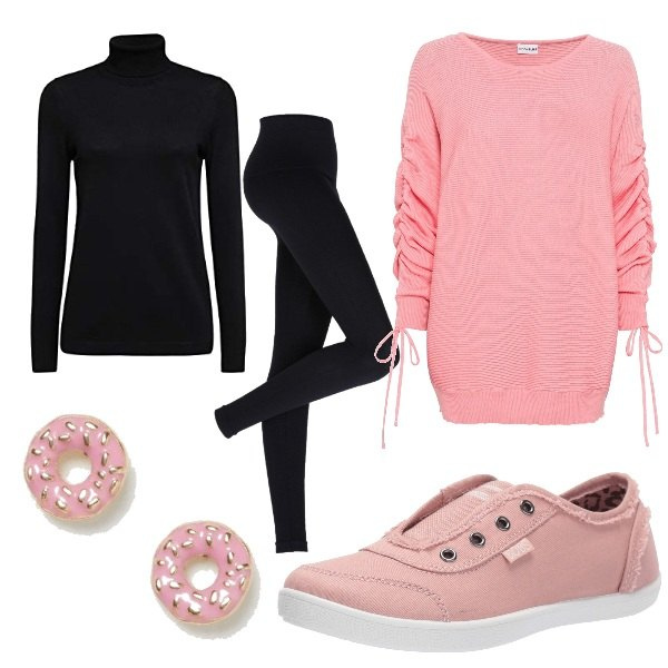 Outfit donna - Homewear. Stile Basic per Tutti i giorni. Abbinamento con leggings, maglieria, orecchini, sneakers, maglioni.