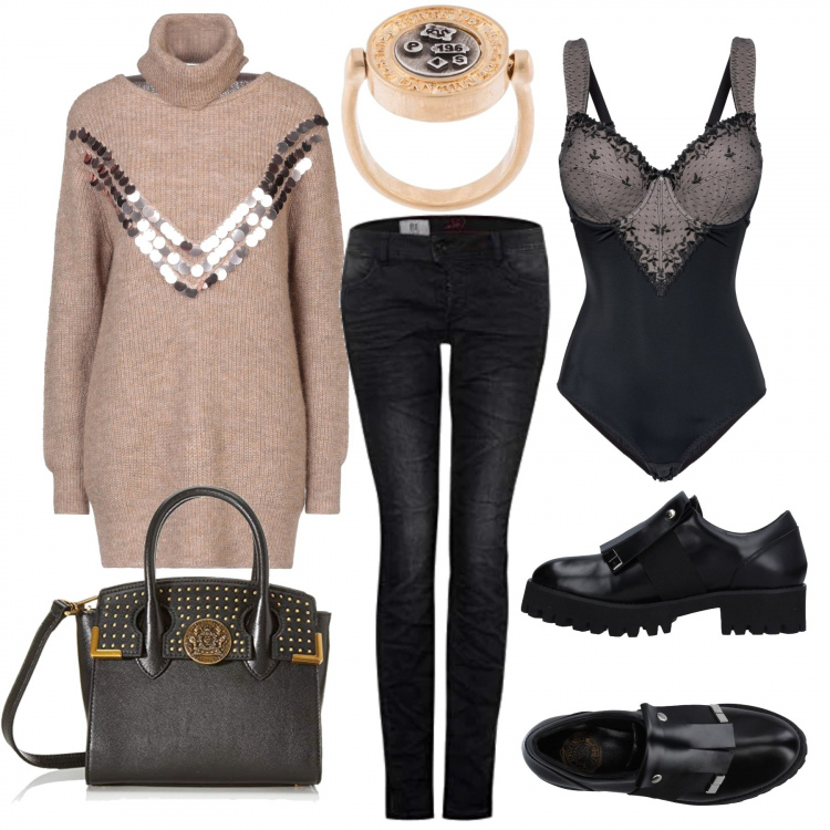 Outfit donna - Il maxi pullover con pailettes!. Stile Trendy per Serata fuori. Abbinamento con body, mocassini, pullovers, anelli, jeans, borse a mano.
