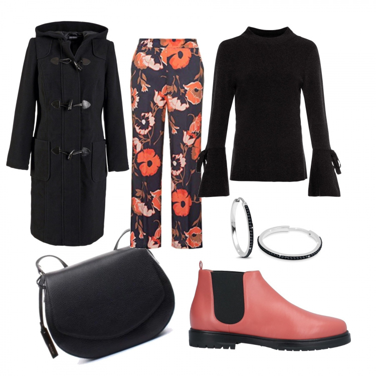 Outfit donna - Minima. Abbinamento con montgomery, maglioni, stivaletti, borse a tracolla, orecchini, pantaloni a palazzo.
