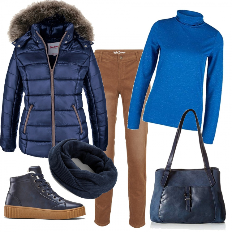 Outfit donna - Outfit anti freddo. Stile Trendy per Tutti i giorni. Abbinamento con piumini, pantaloni skinny, sneakers alte, foulard, pullovers, borse tote.