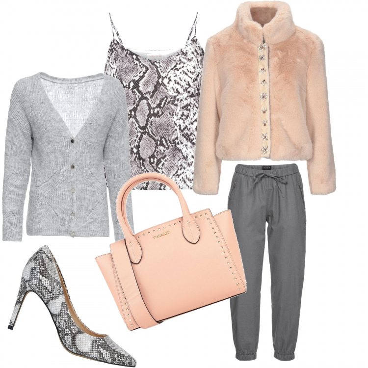Outfit donna - Pitonato. Stile Trendy per Tutti i giorni. Abbinamento con pantaloni, cardigans, cappotti, borse a mano, décolleté, top.