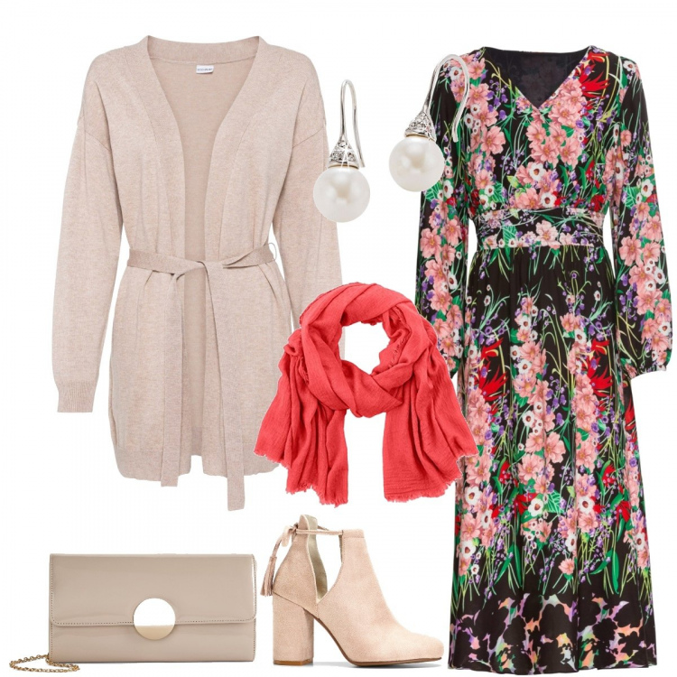 Outfit donna - Tripudio di fiori. Stile Trendy per Serata fuori. Abbinamento con vestiti midi/longuette, maglieria, slip, orecchini, stivaletti, sciarpe.