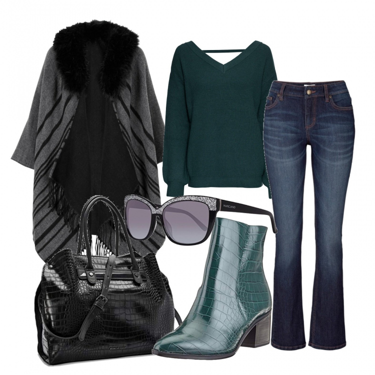 Outfit donna - Sempre con i jeans. Stile Basic per Tutti i giorni. Abbinamento con jeans bootcut, cappotti, maglioni, stivaletti, occhiali da sole, borse a mano.