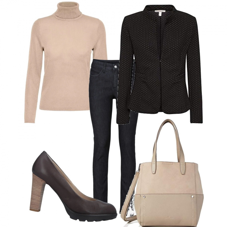 Outfit donna - Nero e beige. Stile Bon Ton per Ufficio. Abbinamento con jeans skinny, décolleté, maglioni, blazer, borse tote.