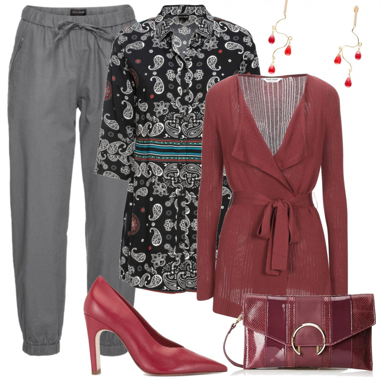 Outfit donna - Etnica. Stile Etnico per Tutti i giorni. Abbinamento con camicie, pantaloni, cardigans, orecchini, décolleté, pochette.