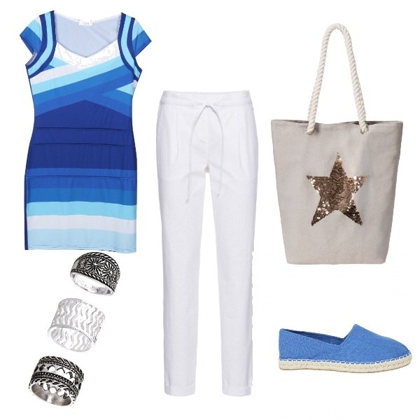 Outfit donna - Urban #2289. Stile Urban per Tutti i giorni. Abbinamento con pantaloni, shopping bag con paillettes grigio, espadrillas in denim, vestito a tubino.