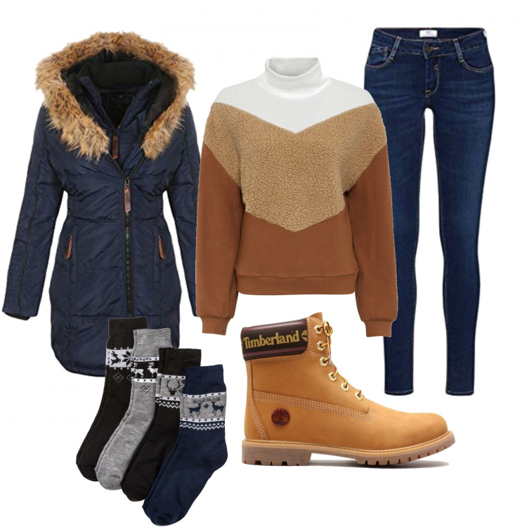 Outfit donna - La neve in città. Stile Basic per Tutti i giorni. Abbinamento con calzini, felpe, stivaletti, piumini, jeans slim fit.