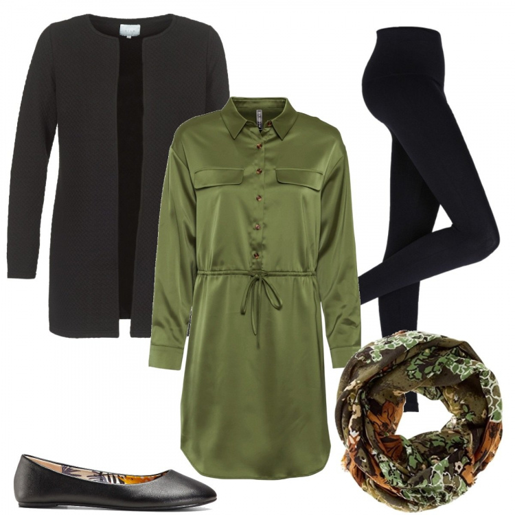 Outfit donna - Smartworking. Stile Basic per Tutti i giorni. Abbinamento con leggings, ballerine, vestiti, giacche, foulard.