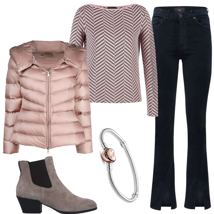 Outfit donna - Outfit per l\'ufficio. Stile Trendy per Ufficio. Abbinamento con stivaletti chelsea, piumini, jeans skinny, maglioni, braccialetti.