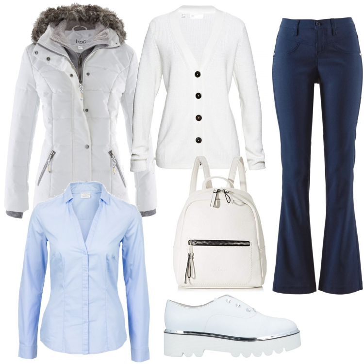 Outfit donna - Monday style : valorizziamo il bianco. Stile Basic per Ufficio. Abbinamento con piumini, camicie, pantaloni, cardigans, mocassini, zaini.
