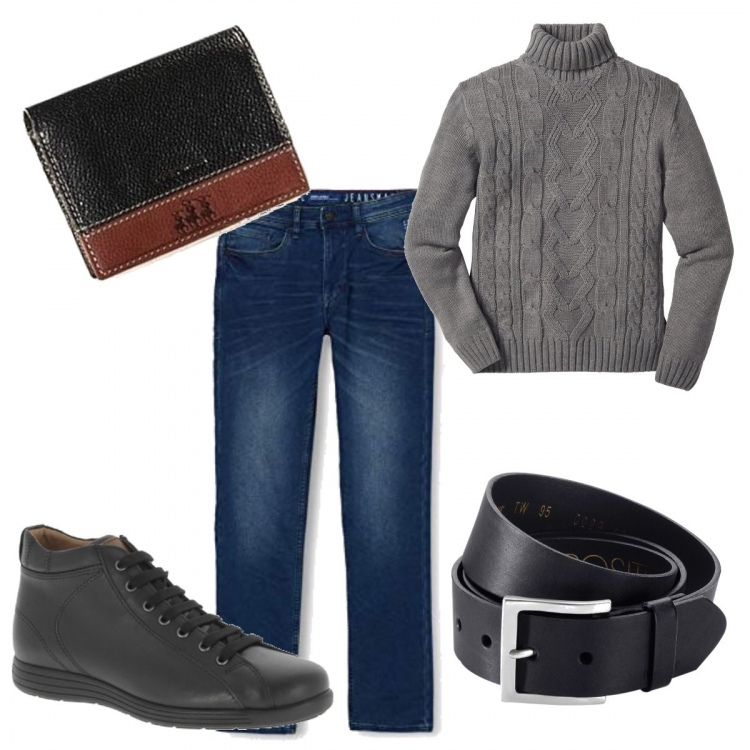 Outfit uomo - Un pomeriggio a passeggiare. Stile Trendy per Tutti i giorni. Abbinamento con maglieria, cinture, stivali e stivaletti, portafogli, jeans slim fit.