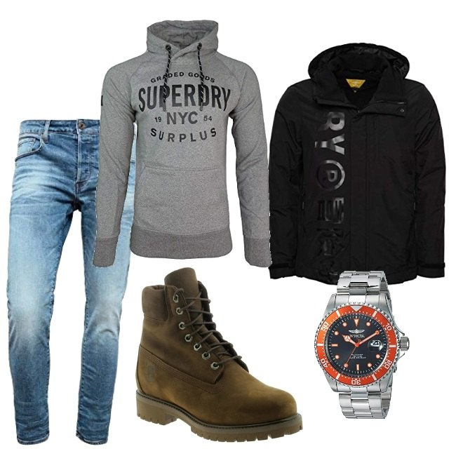Outfit uomo - Tranqui. Stile Urban per Tutti i giorni. Abbinamento con stivali e stivaletti, orologi, giacche, felpe con cappuccio, jeans.