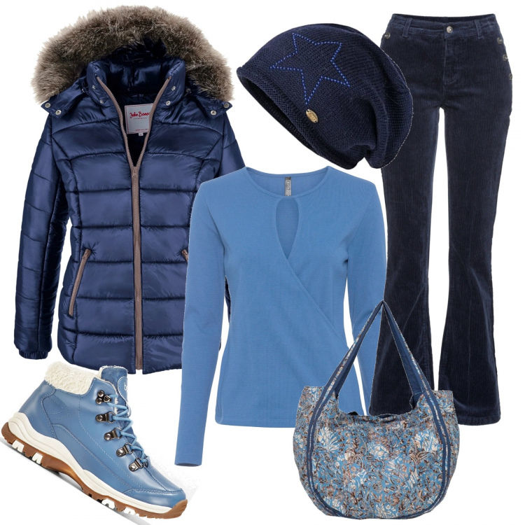 Outfit donna - Stile casual. Stile Urban per Tutti i giorni. Abbinamento con piumini, pullovers, stivaletti, pantaloni, borse a spalla, berretti.
