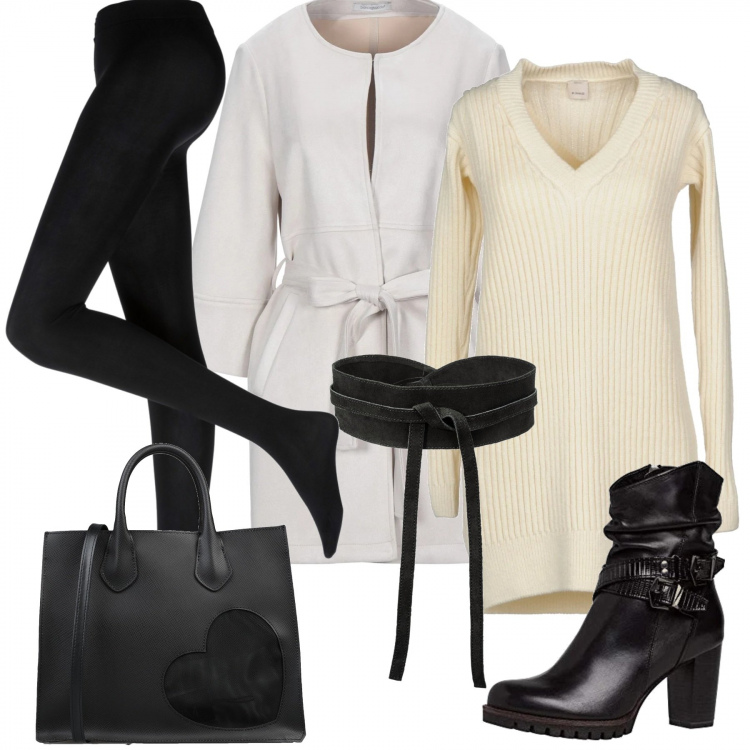 Outfit donna - Monday Style in bianco. Stile Chic per Ufficio. Abbinamento con collant, cinture, borse a mano, vestiti corti, cappotti, stivaletti.