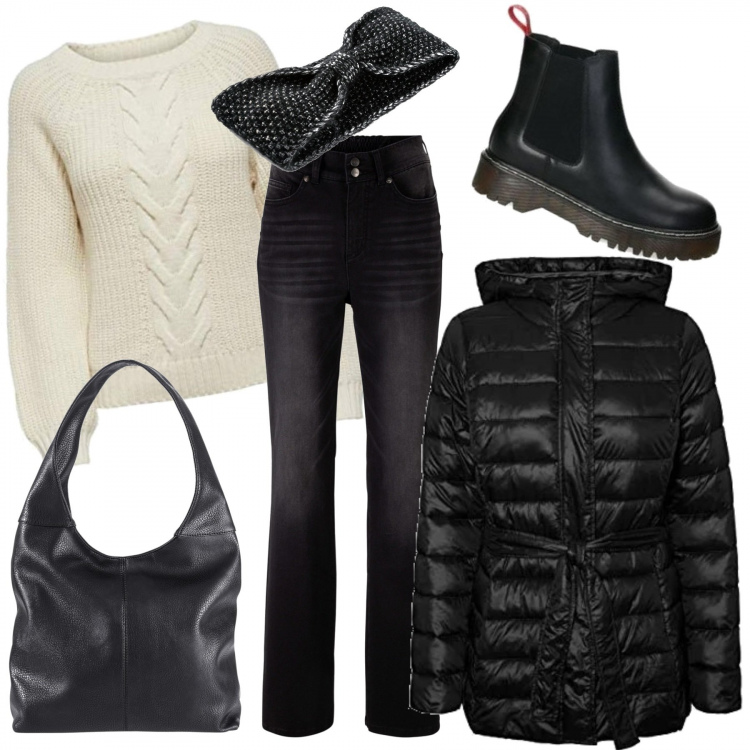 Outfit donna - In giro per regali. Stile Urban per Tutti i giorni. Abbinamento con jeans bootcut, borse a spalla, cappelli, stivaletti, pullovers, blazer.