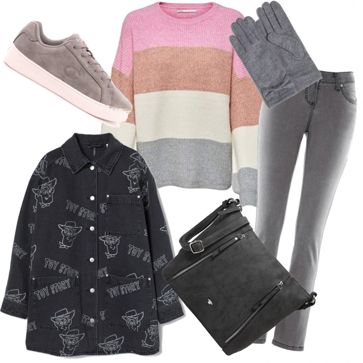 Outfit donna - Sbarazzina a dicembre. Stile Urban per Tutti i giorni. Abbinamento con jeans slim fit, sneakers, cappotti, pullovers, guanti, borse a tracolla.