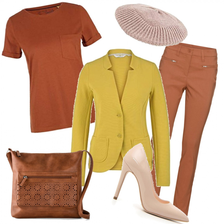 Outfit donna - Colori di campagna. Stile Urban per Tutti i giorni. Abbinamento con borse a tracolla, pantaloni, blazer, décolleté, t-shirt, cappelli.