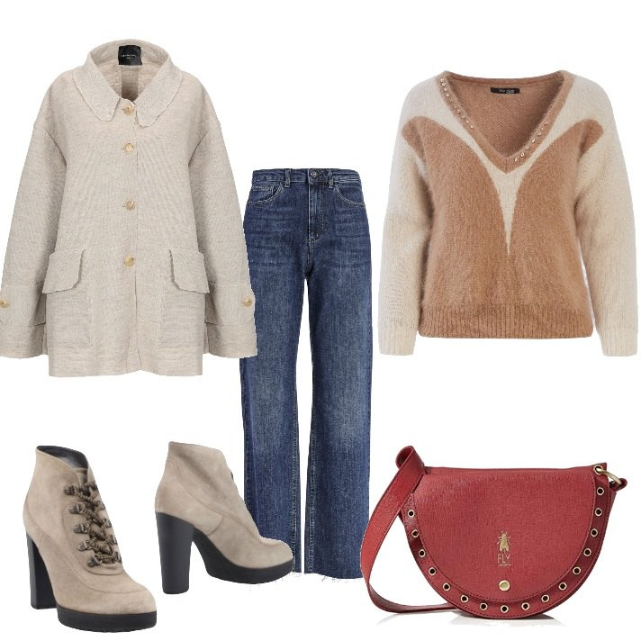 Outfit donna - Basic #46004. Stile Basic per Tutti i giorni. Abbinamento con blazer, stivaletti, maglieria, jeans, borse a tracolla.