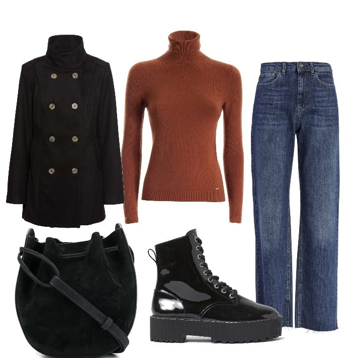 Outfit donna - Basic #46005. Stile Basic per Tutti i giorni. Abbinamento con caban, jeans, maglieria, borse a secchiello, stivaletti.