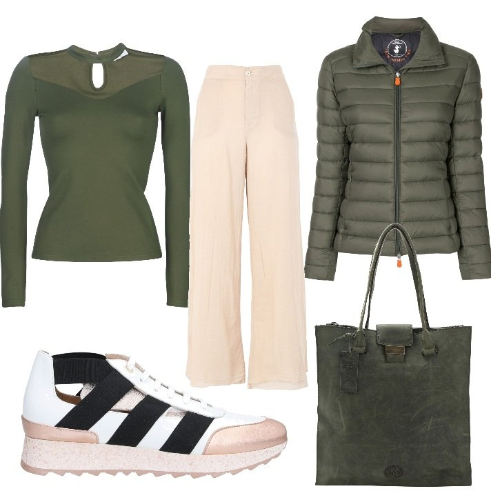 Outfit donna - Basic #46007. Stile Basic per Tutti i giorni. Abbinamento con sneakers alte, borse a mano, pantaloni, camicie, piumini.
