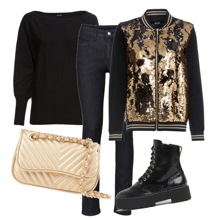 Outfit donna - Oro nero. Stile Rock per Tutti i giorni. Abbinamento con jeans skinny, bomber, maglieria, borse a tracolla, stivaletti.