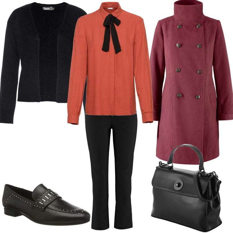 Outfit donna - Curvy minimal. Stile Trendy per Tutti i giorni. Abbinamento con pantaloni, camicie, cappotti, pantaloni a palazzo, borse a mano, mocassini.