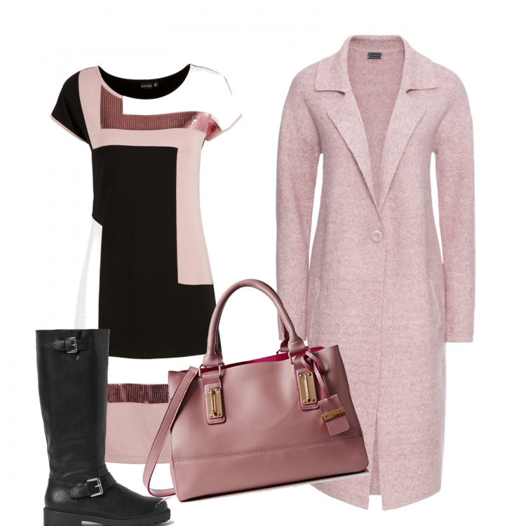 Outfit donna - Geometrie in rosa e nero. Stile Basic per Tutti i giorni. Abbinamento con cappotti, vestiti, stivali, borse a tracolla.